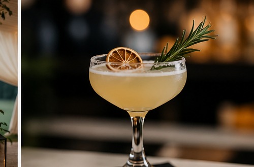 Citrus coupe cocktail garnished with dehydrated orange and rosemary