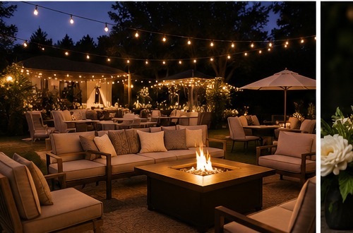Patio lounge with fire pit and string lights at blue hour