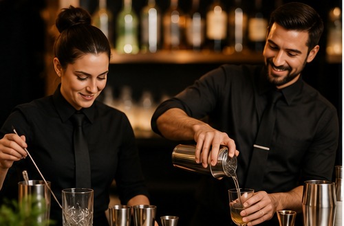 Two uniformed bartenders shaking cocktails behind the bar