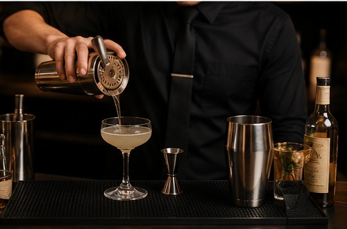 Bartender pouring a cocktail from a shaker into a coupe