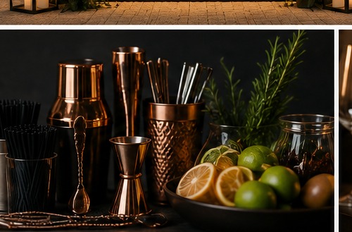 Polished copper bar tools laid out before service