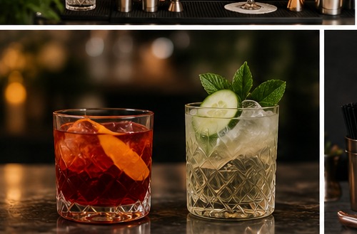Negroni and cucumber highball side by side on a marble bar