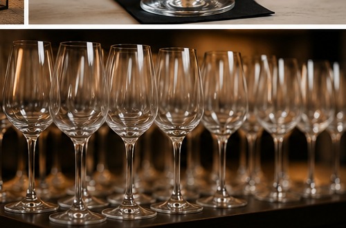 Row of polished wine glasses lined up for a tasting