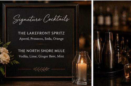 Framed signature cocktail menu sign with candles and flowers
