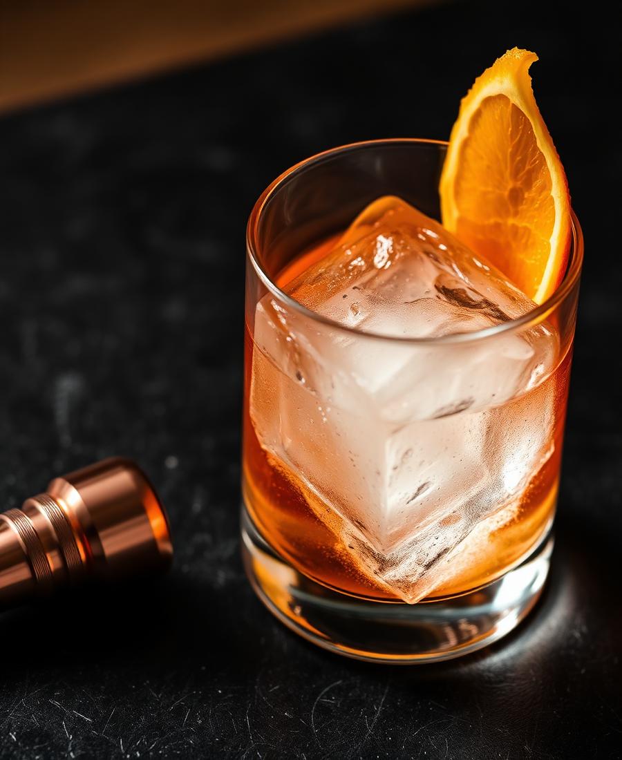 Craft cocktail with a large clear ice cube and orange garnish